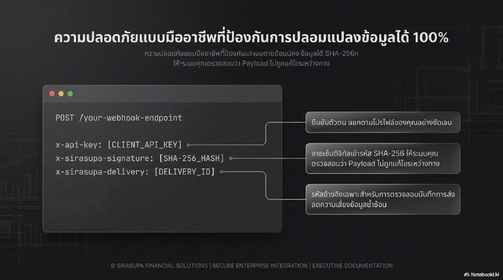 ความปลอดภัย Webhook SHA-256 x-api-key x-sirasupa-signature x-sirasupa-delivery