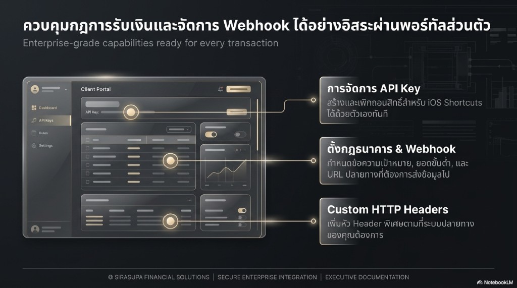 พอร์ทัลลูกค้า — จัดการ API Key กฎธนาคาร Webhook และ Custom HTTP Headers