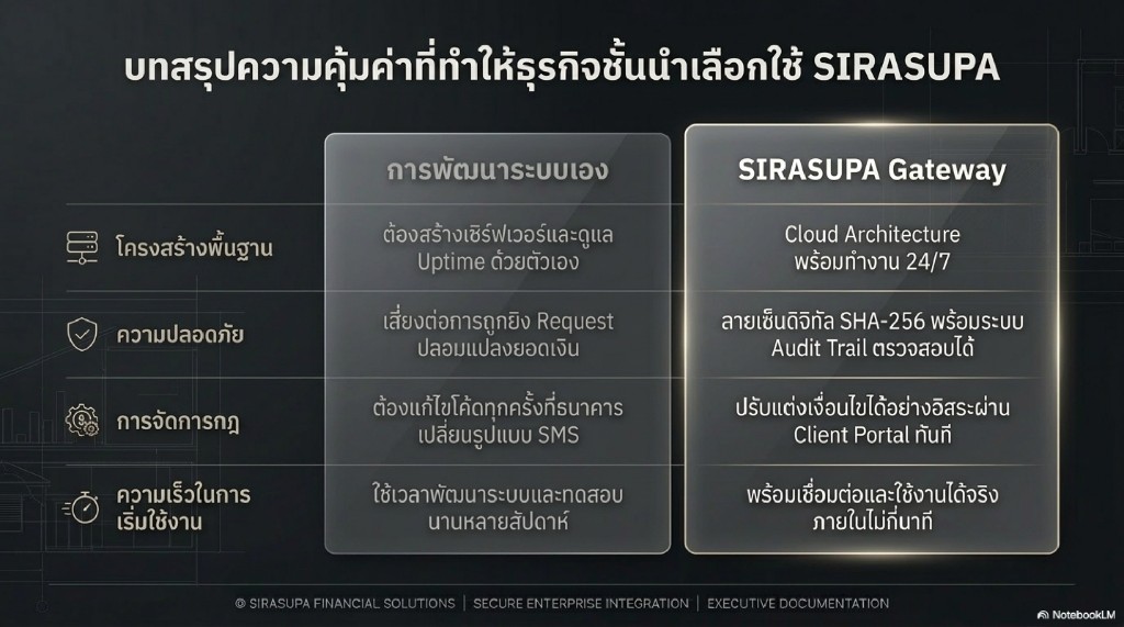 เปรียบเทียบ SIRASUPA Gateway กับการพัฒนาระบบเอง